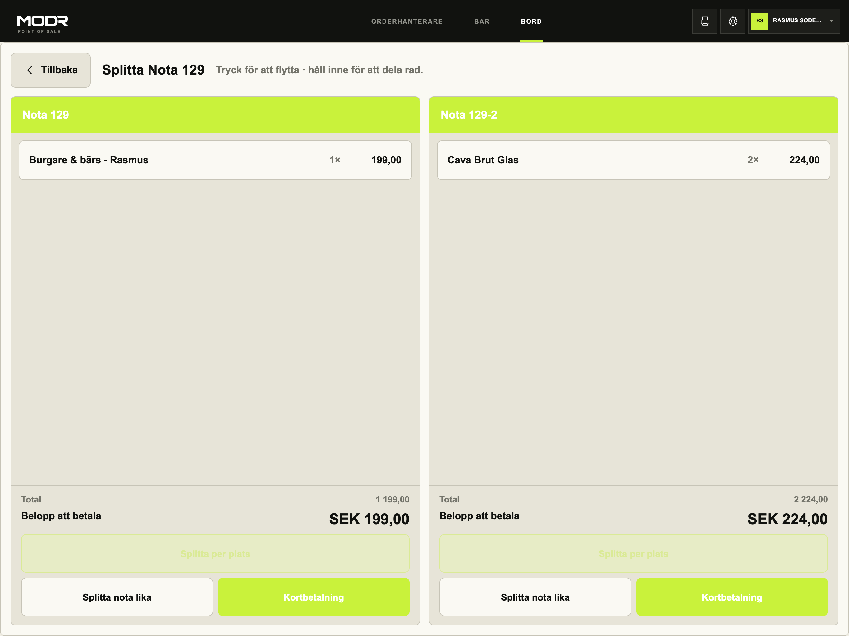 Split check in MODR POS